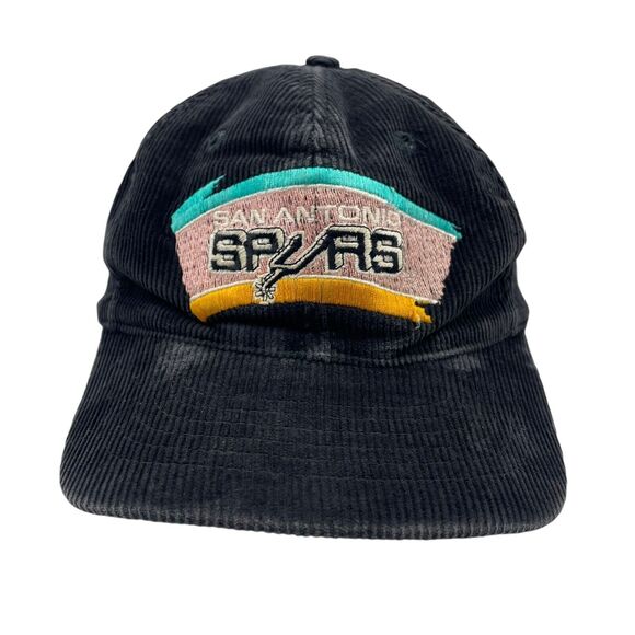 Vtg San Antonio Spurs Corduroy Snapback Hat Baseball Cap Black
